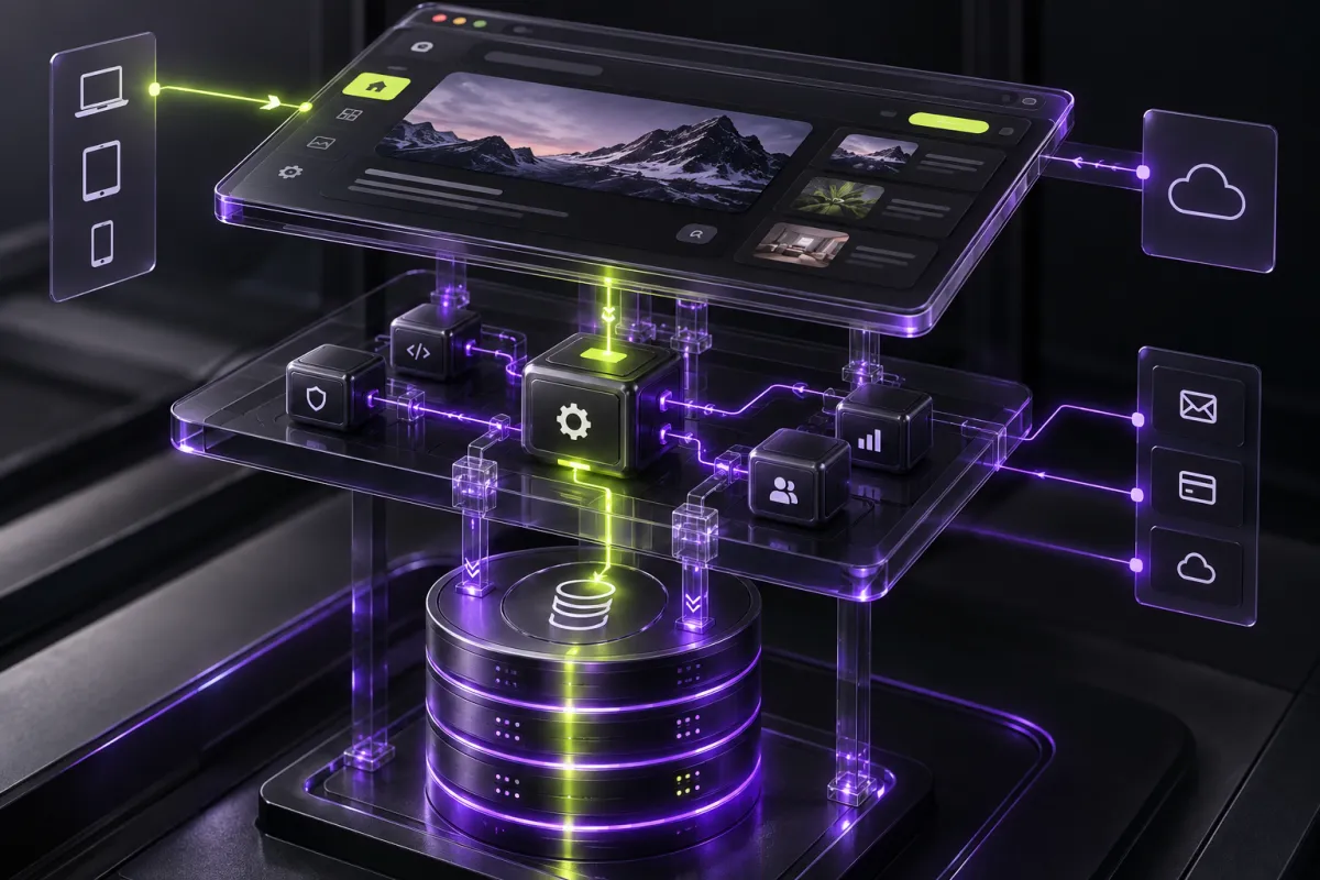 Architecture: A clear structure behind your software. Concept visual, not a live customer system.